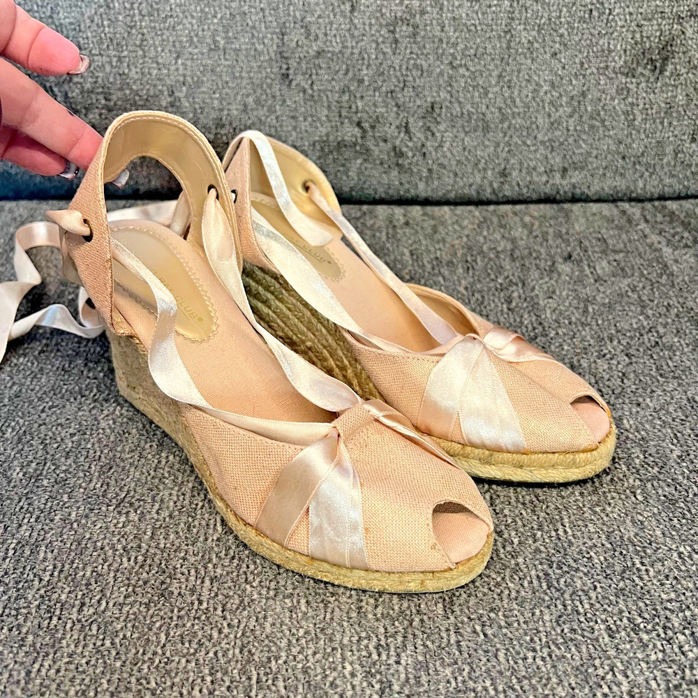 Montego Bay Club Espadrille Wedge Sandal Women Sz 7 Pale Peach Metalllic Theads